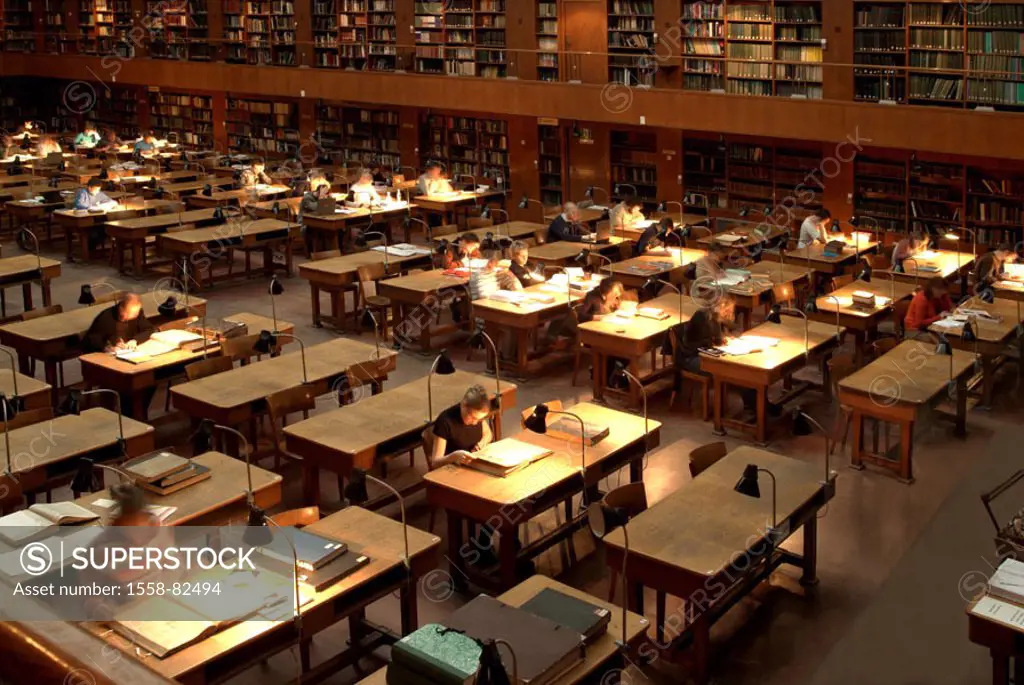 University, library, bookshelves,  Tables, lamps, students, fuzziness,  Series, university library, library, indoors, Entresol Leihbücherei school lib...