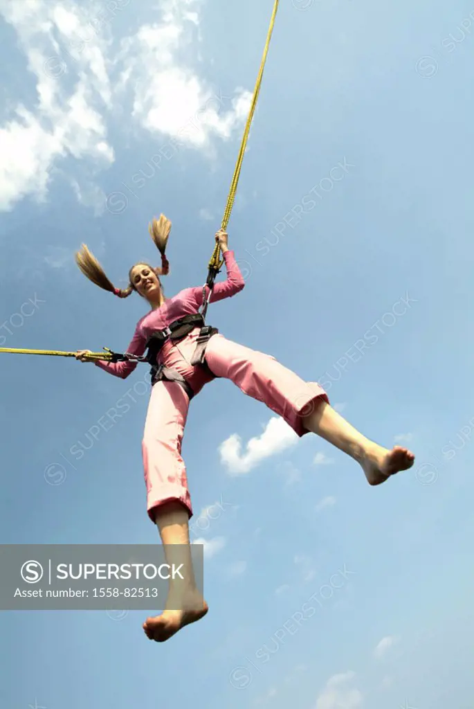 Woman, young, ropes, jumps, Bungee-Trampolin, perspectives  Series, 20-30 years, long-haired, blond, braids, clothing, pink, nakedfoot, leisure time, ...