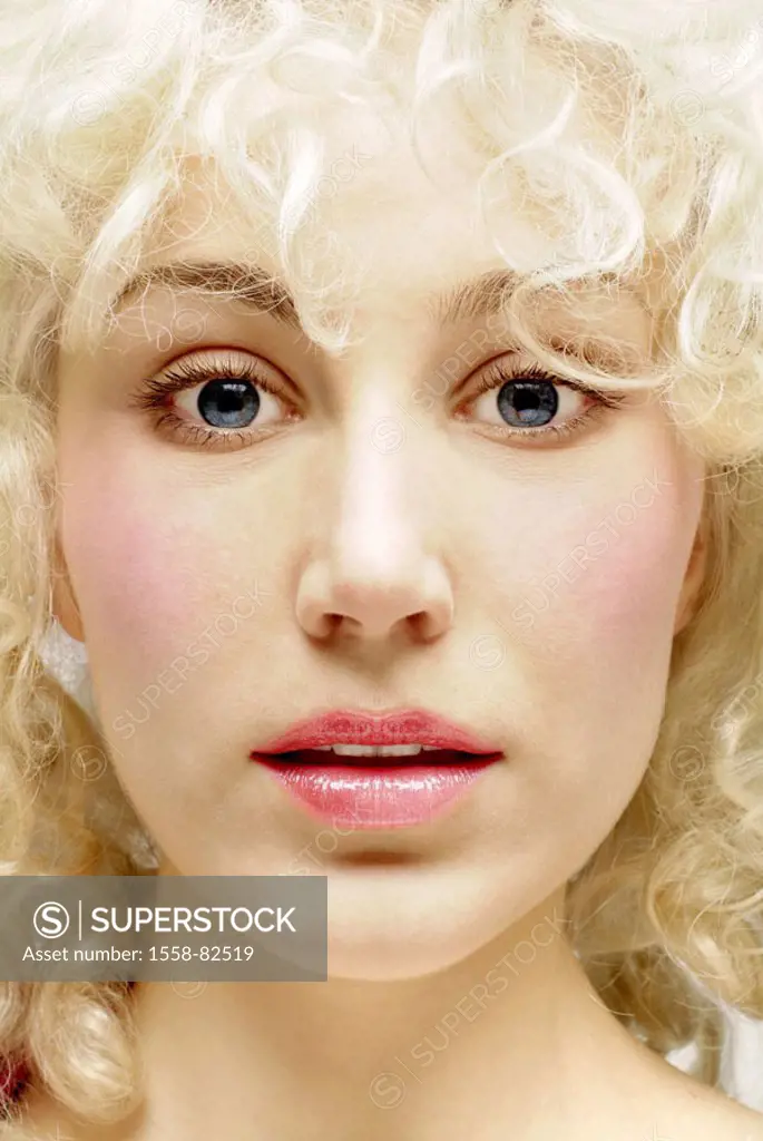 Woman, young, blond, curls, portrait,,  broached  Series, women portrait, 20-30 years, gaze camera, eye color blue, lips opened, made up, immaculately...