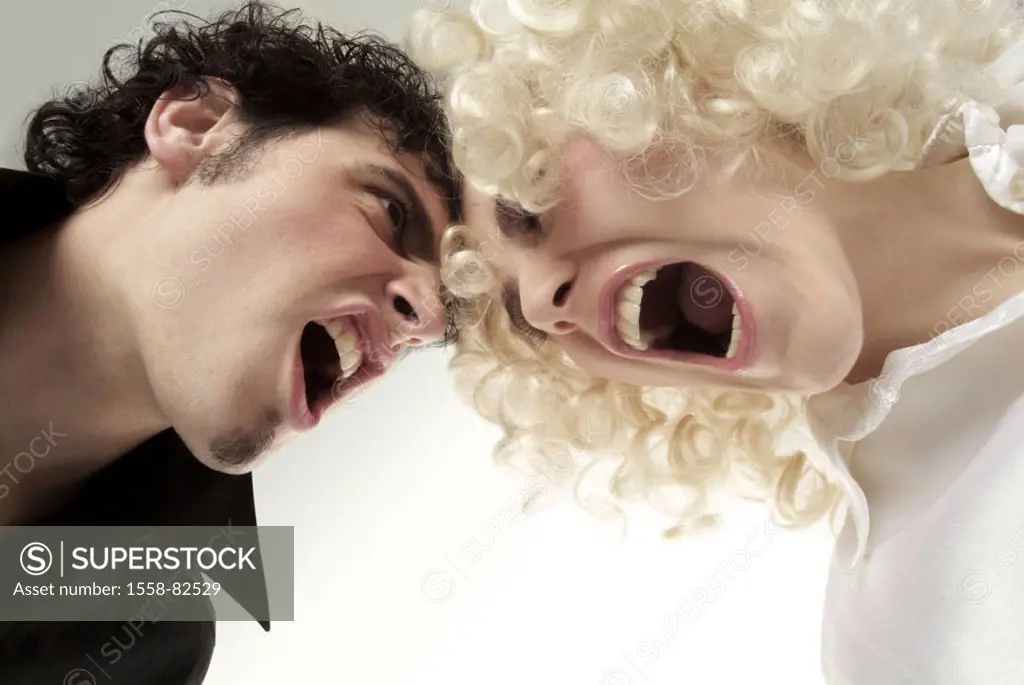 Pair, young, screams, forehead at forehead,  Portrait, from below, broached  Series, 20-30 years, man, dark-haired, shirt, black, devils, devilishly, ...