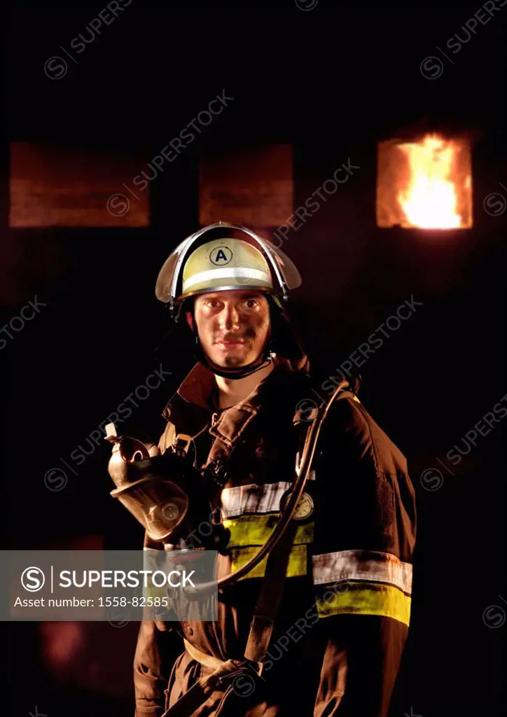 Firefighter, face, dirty,  Portrait, background, house, flames,  Man, young, 20-30 years, occupation wish, dream occupation, occupation fire brigade, ...