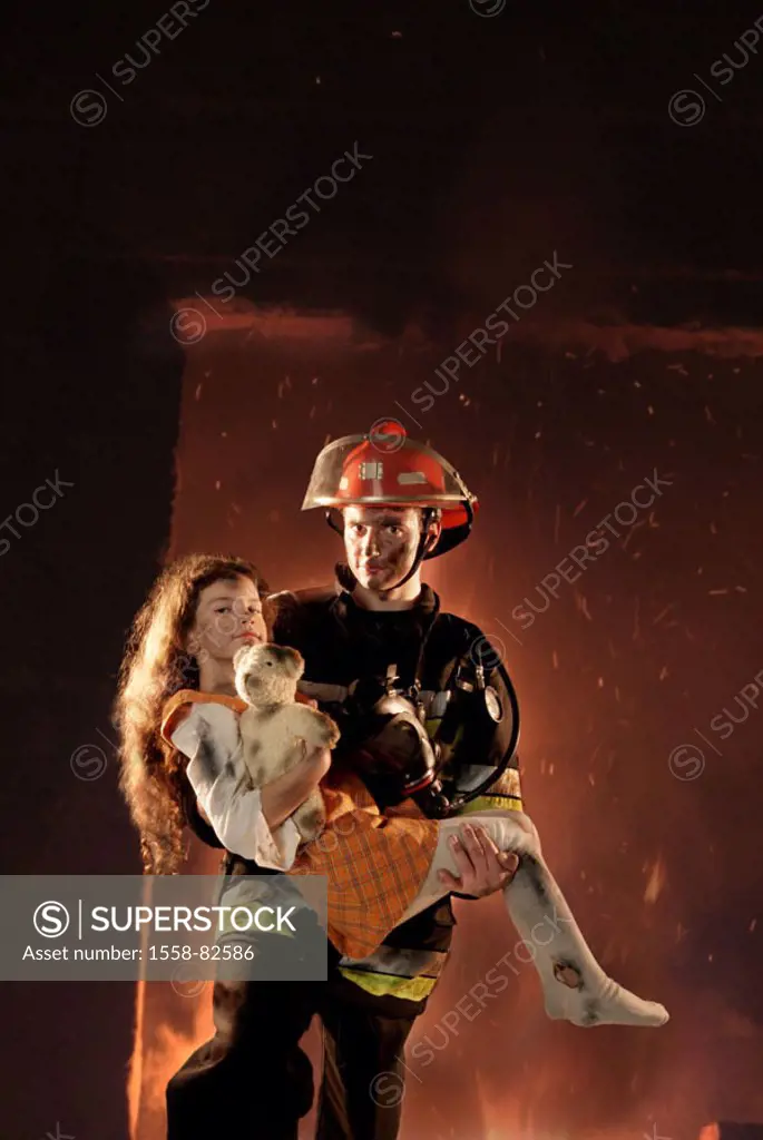Firefighter, girls, teddy,  carries, background, house, burning  Series, man, young, 20-30 years, dirty, occupation fire brigade, occupation, fire bri...