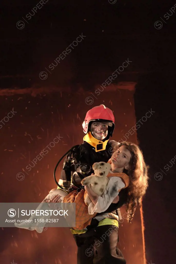 Firefighter, girls, teddy,  carries, background, house, burning  Series, man, young, 20-30 years, dirty, occupation fire brigade, occupation, fire bri...