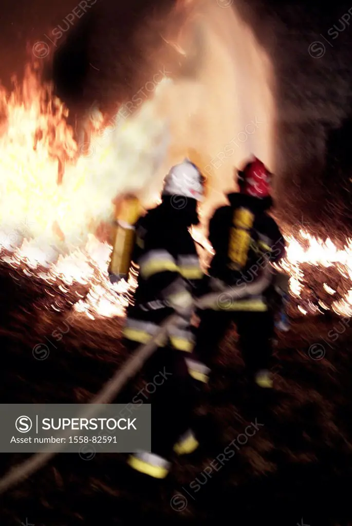 Firefighters, view from behind,  Fire-fighting, fuzziness,   Firefighters, men, two, protection clothing, occupation, occupation fire brigade, occupat...