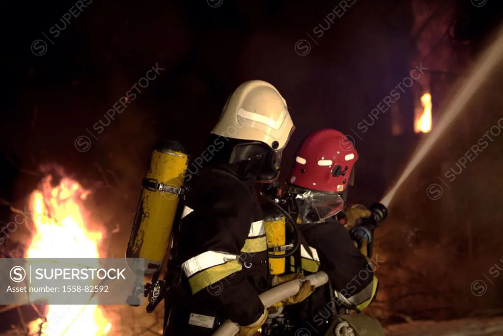 Firefighters, view from behind,  Fire-fighting   Firefighters, men, two, protection clothing, occupation, occupation fire brigade, occupation firefigh...
