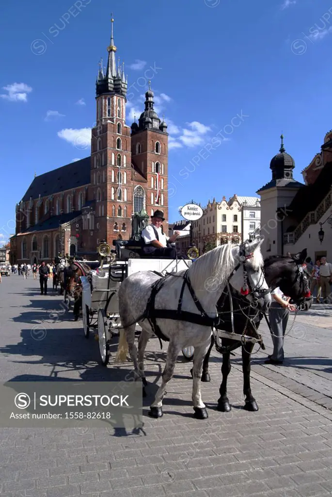 Poland, Cracow, ages market, Marienkirche,  Horse carriages  Europe, Eastern Europe, city, sight, church, Marie cathedral, cathedral, chapel, sacral c...