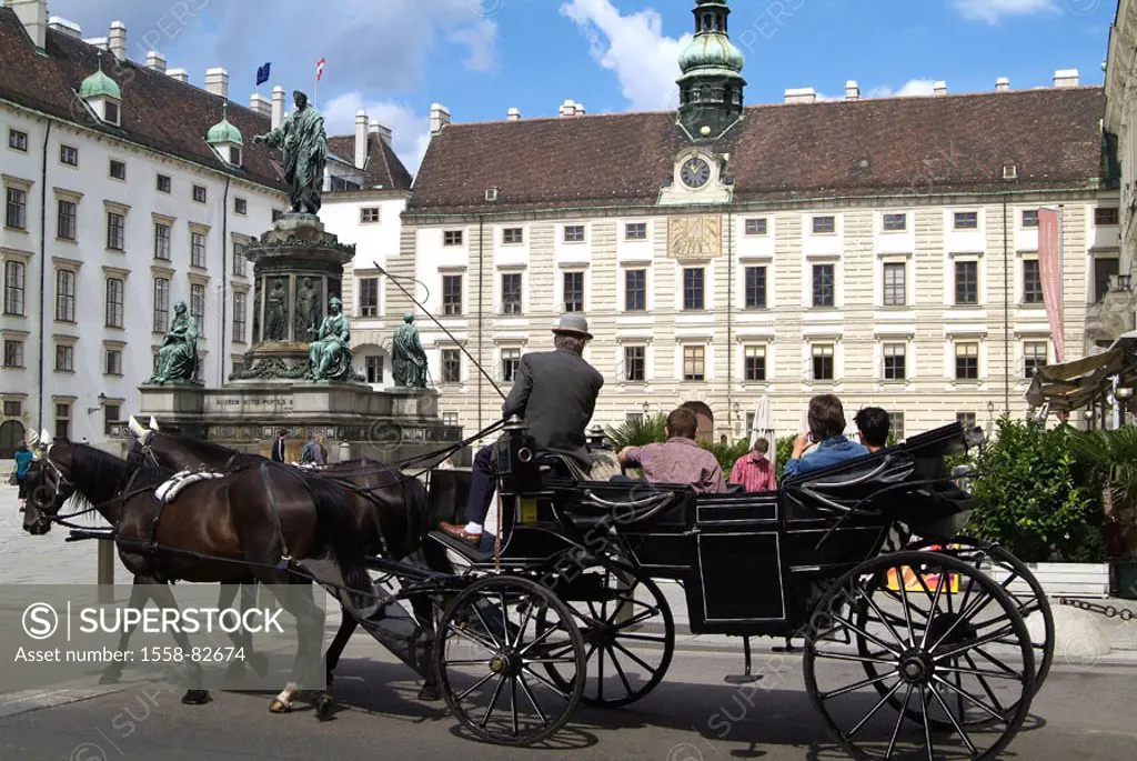 Austria, Vienna, old Hofburg, street, Horse carriage  Capital, culture city, construction, sight, Fiaker, carriage trip, tourists, sightseeing, City r...
