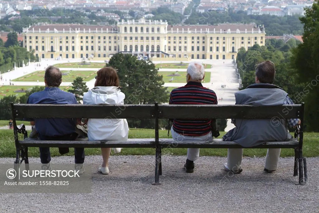 Austria, Vienna, palace Schönbrunn, Palace park, park bank, visitors, view from behind, Series, capital, culture city, ehem. Emperor palace, construct...