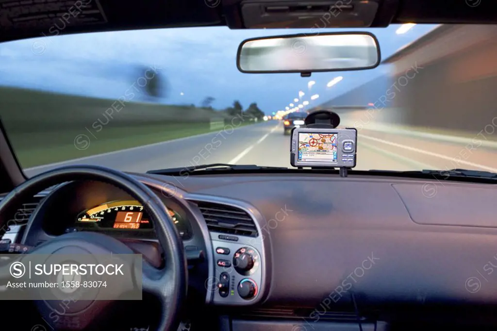 Private car, dashboard, detail, GPS,  Look windscreen, traffic,  Fuzziness Series, car, vehicle, indoors, technology innovation navigation appliance, ...
