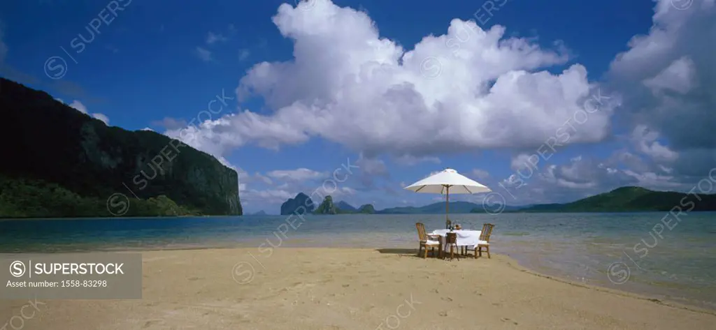 Philippines, island Palawan, El Nido,  Bacuit archipelago, sandy beach, table,  covered, parasol, neighbor islands Series, Asia, southeast Asia, Malay...