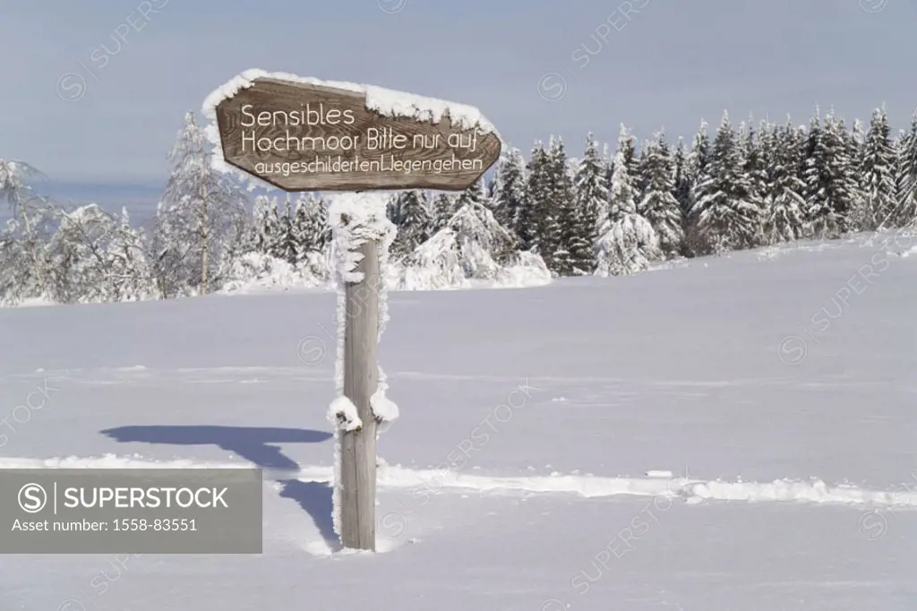 Germany, Baden-Württemberg,  Black forest, Winterlandschaft,  Signposts Europe, North Black forest, Hornisgrinde, moor, reservation, destination, land...