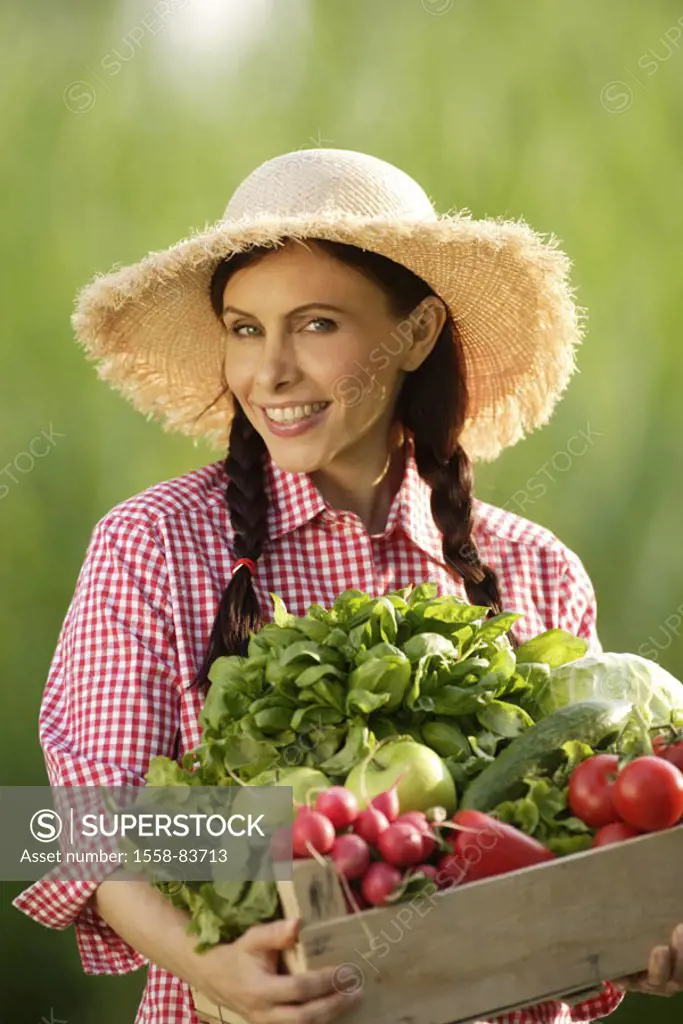 Woman, young, straw hat, smiling,  Wood crate, vegetable selection, holding,  Portrait Series, women portrait, 30-40 years, gaze camera happy, long-ha...