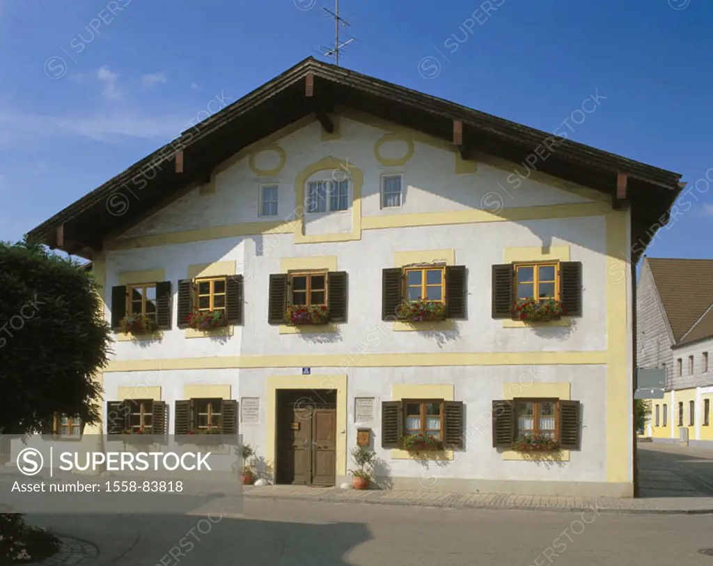 Germany, Bavaria, Marktl at the Inn, Birthplace Pope Benedikt XVI.  Upper Bavaria, tourism, house, residence, birthplace Joseph Ratzinger, outside, si...