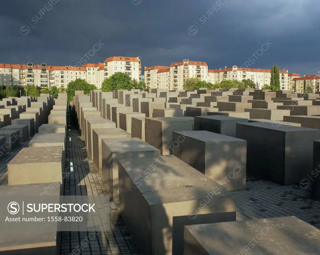 Germany, Berlin, holocaust memorial, Stelenfeld, block of flats, dusk  Europe, capital, memorial, persecution of the Jews, NS-Regime crimes, victims o...