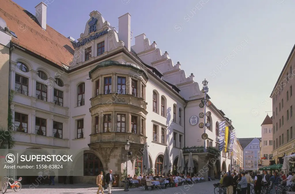 Germany, Upper Bavaria, Munich,  Platzl, Hofbräuhaus,  Bavaria, buildings, alley, pedestrian zone, buildings, 1896-97, style, Neurenaissance, architec...