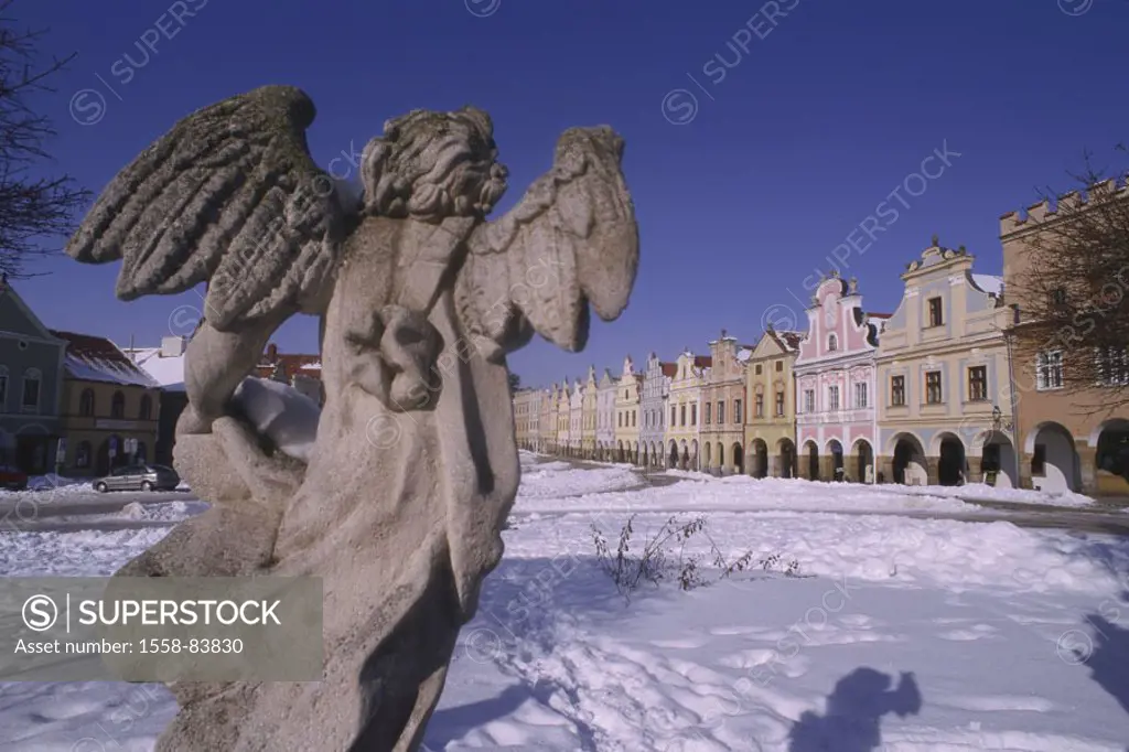Czech republic, South nags,  Telc, old town, Häuserzeile, statue,  Snow Europe, Central Europe, the Czech republic, Central Bohemia, Teltsch, city, di...