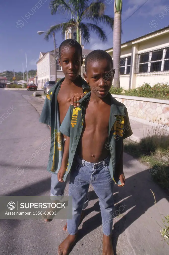 Jamaica, Lucea, boys, people of color, Shirt, open Caribbean, big Antilles, city, natives, inhabitants, children, brothers, siblings, two, gaze camera...
