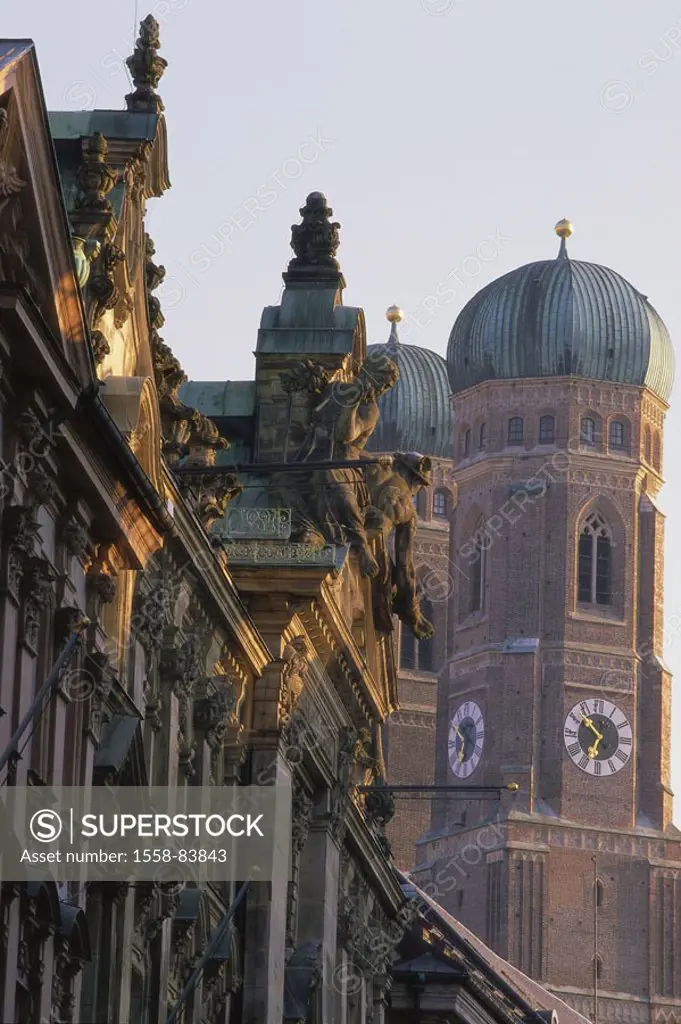 Germany, Upper Bavaria, Munich,  Palace Portia, facade, Frauenkirche, Towers, detail, Bavaria, Kardinal-Faulhaber-Straße, buildings, style, rococo, 16...
