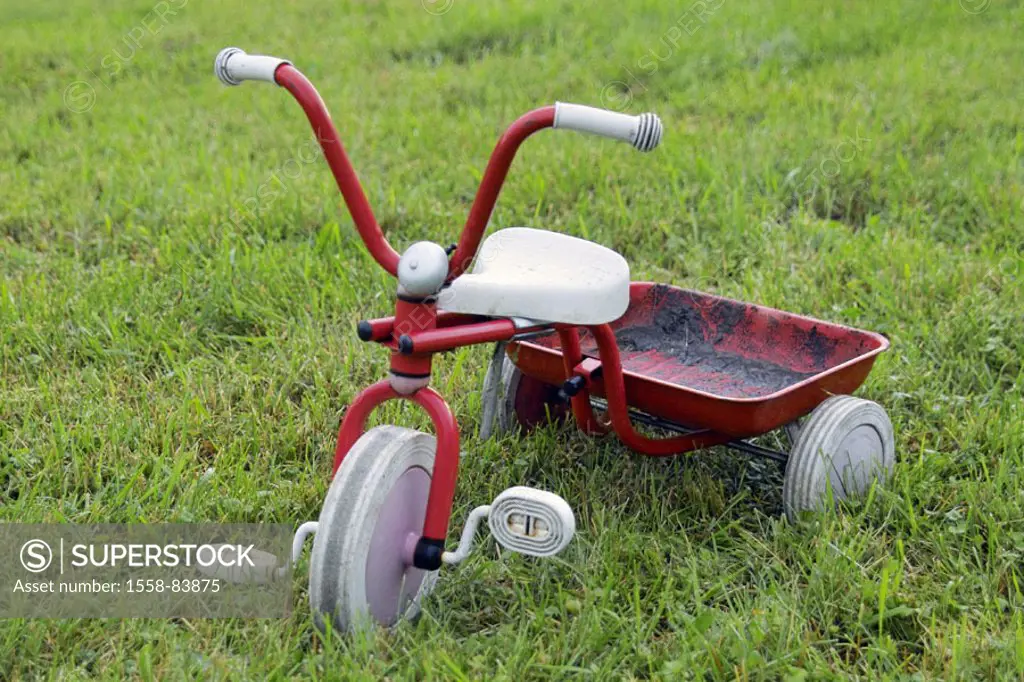 Meadow, tricycle,   Garden, green, toy, toy, child wheel, child tricycle, red, loading space, gets dirty, dirty, dirt, concept, childhood, leisure tim...