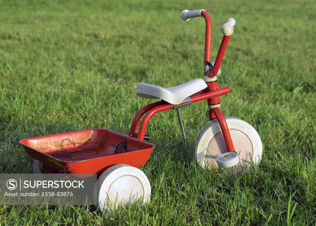 Meadow, tricycle,   Garden, green, toy, toy, child wheel, child tricycle, red, loading space, gets dirty, dirty, dirt, concept, childhood, leisure tim...