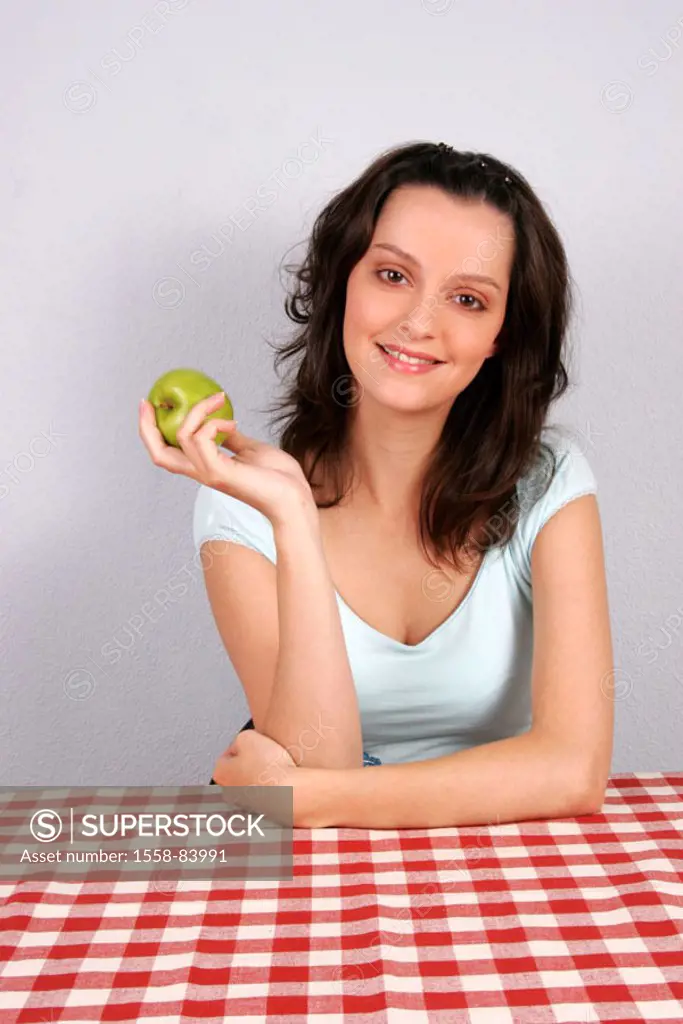 Woman, young, cheerfully, apple, holding, Half portrait  20-30 years, brunette, long-haired, happily, gaze camera, sitting table, fruit, fruit, nutrit...