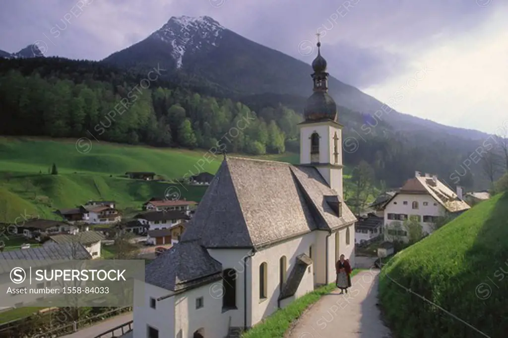 Germany, Berchtesgaden country,  Ramsau, skyline, church St. Fabian  and Sebastian, spring, Bavaria, residences, parish church, chapel, Ortsbild,  idy...