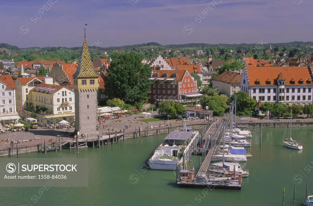 Germany, Bavaria, Lake Constance, Lindau, harbor, Mangturm, overview,  view at the city, houses, residences, docks, Anlegeste, boats, sailboats, trip ...