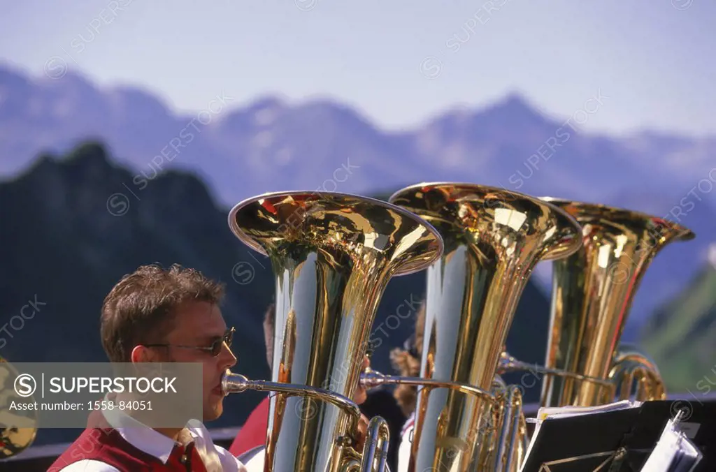 Germany, Allgaeu, Nebelhorn, Mountain station, traditional party, Musikgruppe, Horn blowers, detail, Bavaria, band Heimertingen, musicians, musicians,...