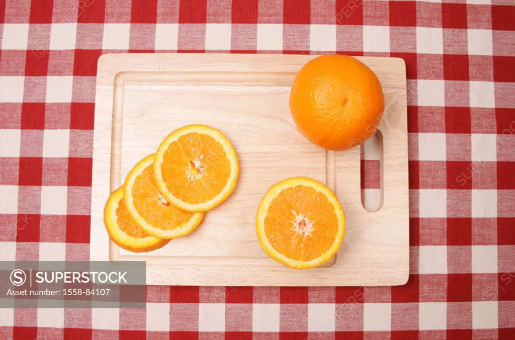 Guts board, oranges, completely,  bragged, from above  Tablecloth checkered, food, food healthy, vitamin C, rich in vitamins, fruit, fruits, South fru...