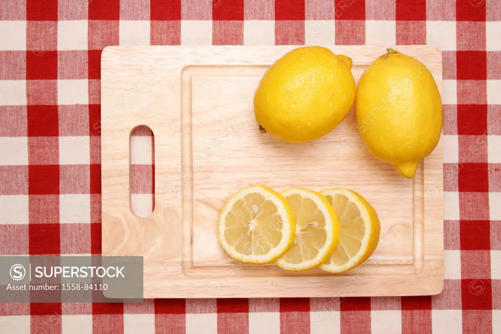 Guts board, lemons, cut open,  completely, from above  Tablecloth checkered, food, food healthy, vitamin C, rich in vitamins, fruit, fruits, South fru...