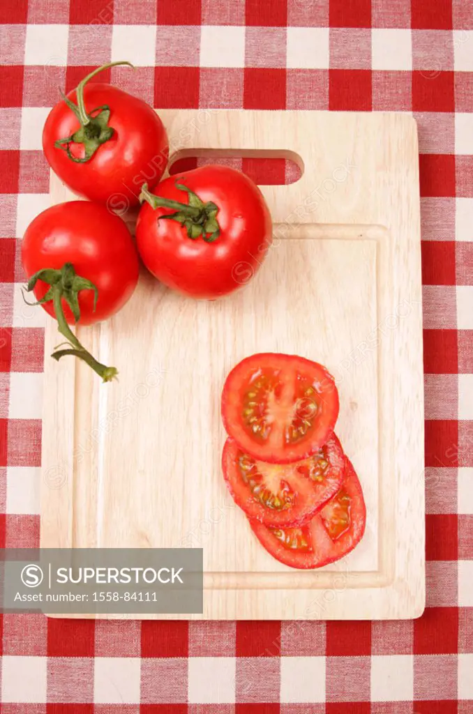 Guts board, tomatoes, completely, bragged, from above  Tablecloth checkered, food, food healthy, vitamins, rich in vitamins, solanums, vegetables red,...