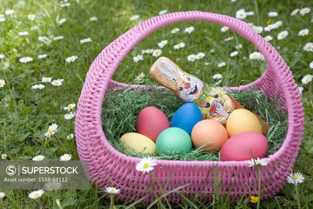 Meadow, Easter basket, eggs, Schokohase,   Flower meadow, daisy, little basket, pasture basket, pink, Easter eggs, colored, Easter bunny, chocolate ha...