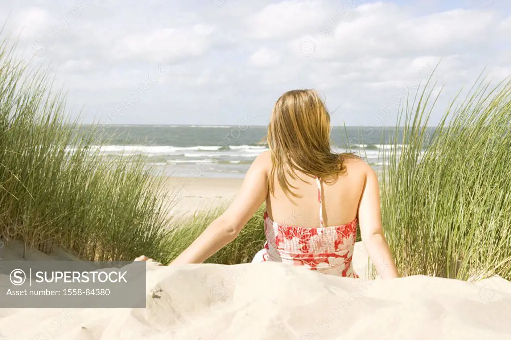 Coast, beach, dune, woman, young, sitting, view from behind, gaze distance, sea, clouded sky, summer, Netherlands, Renesse, vacation, summer vacation,...
