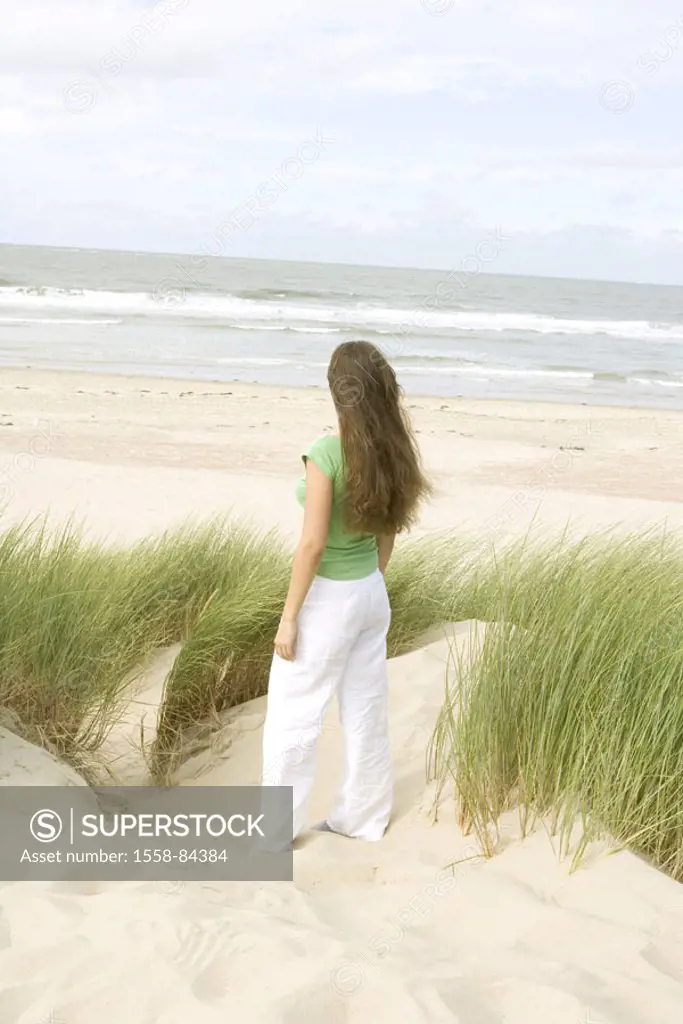 Coast, beach, dune, woman, young, gaze Distance, view from behind, wind, summer,  Netherlands, Renesse, vacation, summer vacation, leisure time, 18-20...