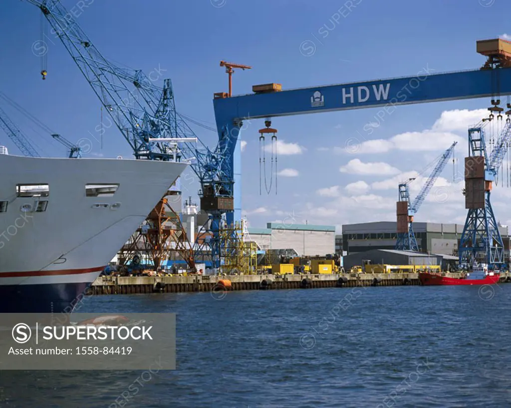 Germany, Schleswig-Holstein, Kiel,  HDW-Werft, cranes, ship, detail,  Europe, Central Europe, Northern Germany, port, shipyard, HDW, industry, Verlade...
