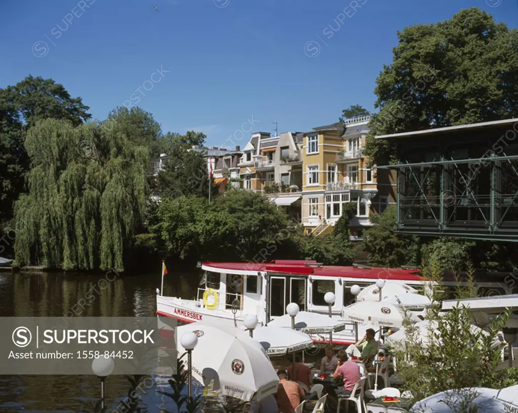 Germany, Hamburg, Außenalster,  Landing place, trip boat, restaurant,  Terrace, guests, Europe, Central Europe, Hanseatic town, port, river, Alster, b...