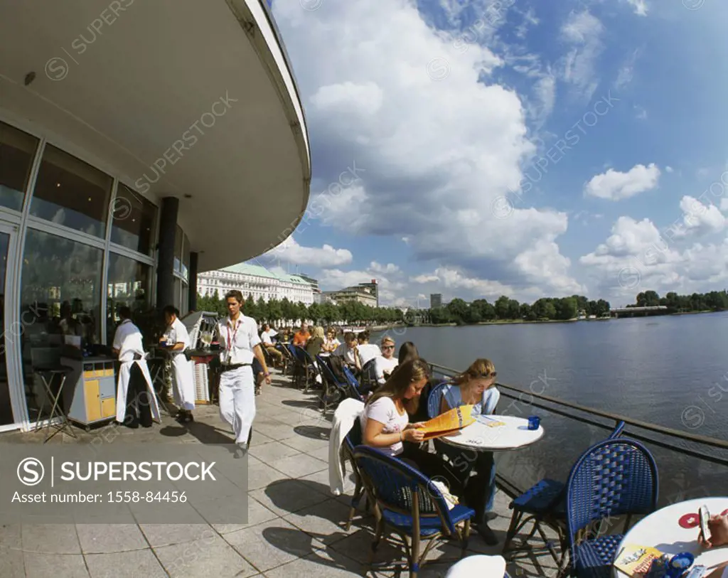 Germany, Hamburg, Binnenalster,  Restaurant, Alsterpavillon, terrace,  Guests Europe, Central Europe, Hanseatic town, port, river, water, pub, cafe, r...