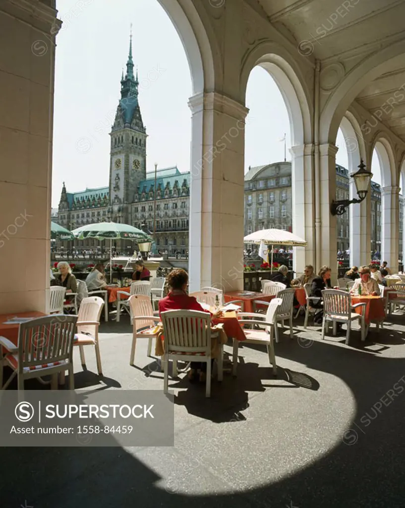 Germany, Hamburg, Alsterarkaden,  Cafe, guests, background, town hall,  Europe, Central Europe, Hanseatic town, port, old town, town hall market, arca...