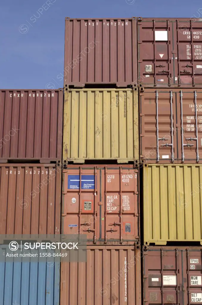 Containers, stacked,    Economy, consumption, export, import, logistics, transportation, economics, movement of freight, harbor, globalization, camps,...