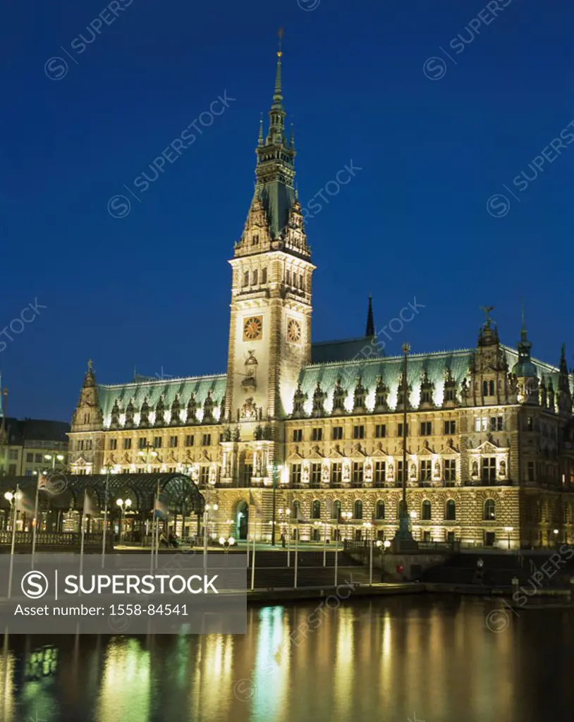 Germany, Hamburg, town hall,  Illumination, Alsterfleet, evening  Europe, Central Europe, Hanseatic town, port, old town, town hall market, sight, lan...