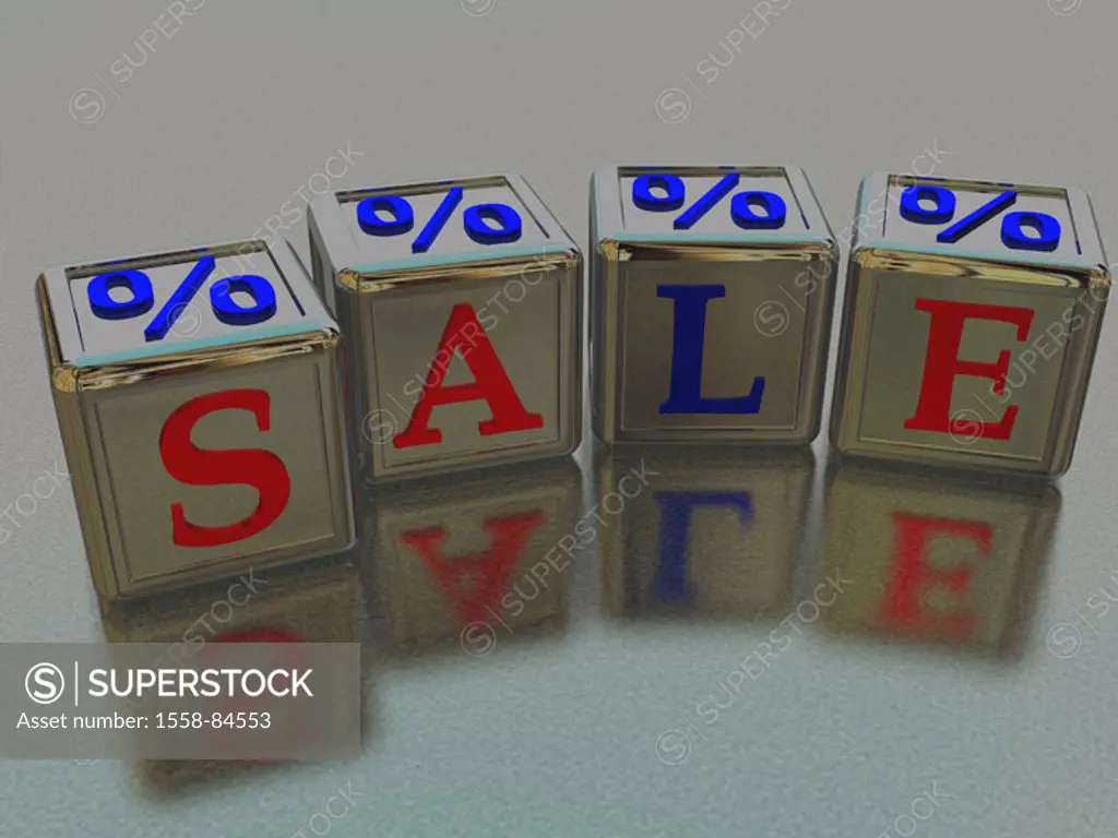 Dice, percent signs, letters,  Sale M Die game, game, hits, luck game, pun, metal dice, four, metallic, reflection, fuzziness, quietly life, concept...