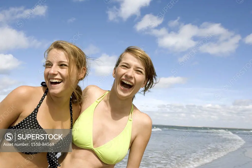 Beach, women, young, bikini, laughing, Sea, clouded sky, summer  Vacation, summer vacation, leisure time, 17-20 years, 20-30 years, friends, sisters, ...