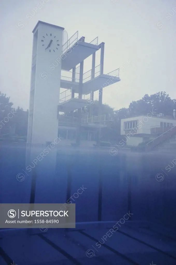 Pools, Sprungturm,  Clock, under water, over water,  Fuzziness Swimming pool, free bath, water, clouds outside, heaven, hazy, foggily, uncanny, empty,...