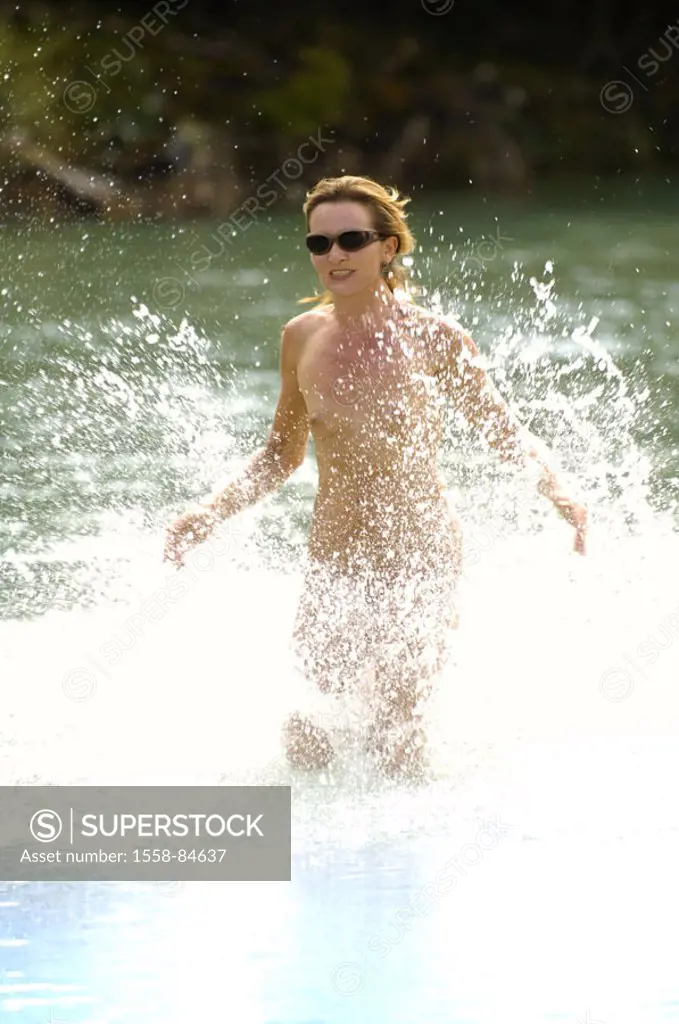 River, woman, naked, sun glass, running, Water, happy,   Series, NUDIST AREA, swimmer, openly, removed, omitted, joy, water squirts, freedom feeling, ...