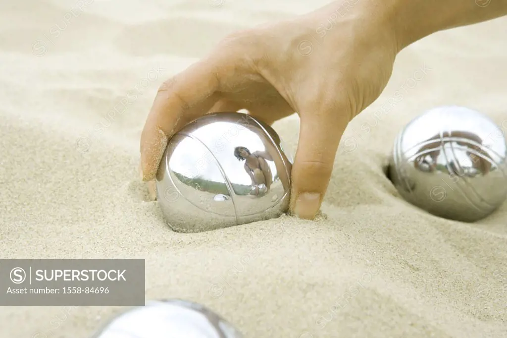 Boule-Spiel, sand, woman, detail, hand, Reflection, steel ball, lifts, summer, Summer vacation, vacation, leisure time, recreational activities, hobby...