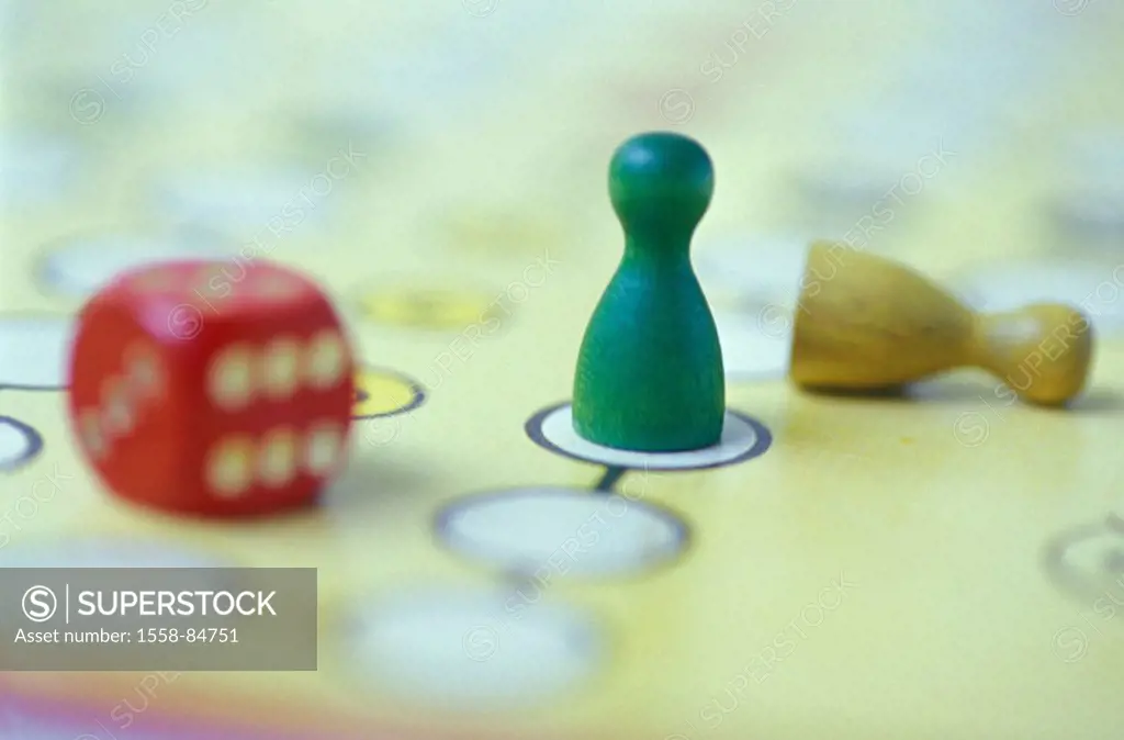 Board game, Mensch-Ärgere-Dich-Nicht,  Game field, detail, game figures, dice,   Series, game, parlor game, board game, Strategiespiel,  Figures, over...