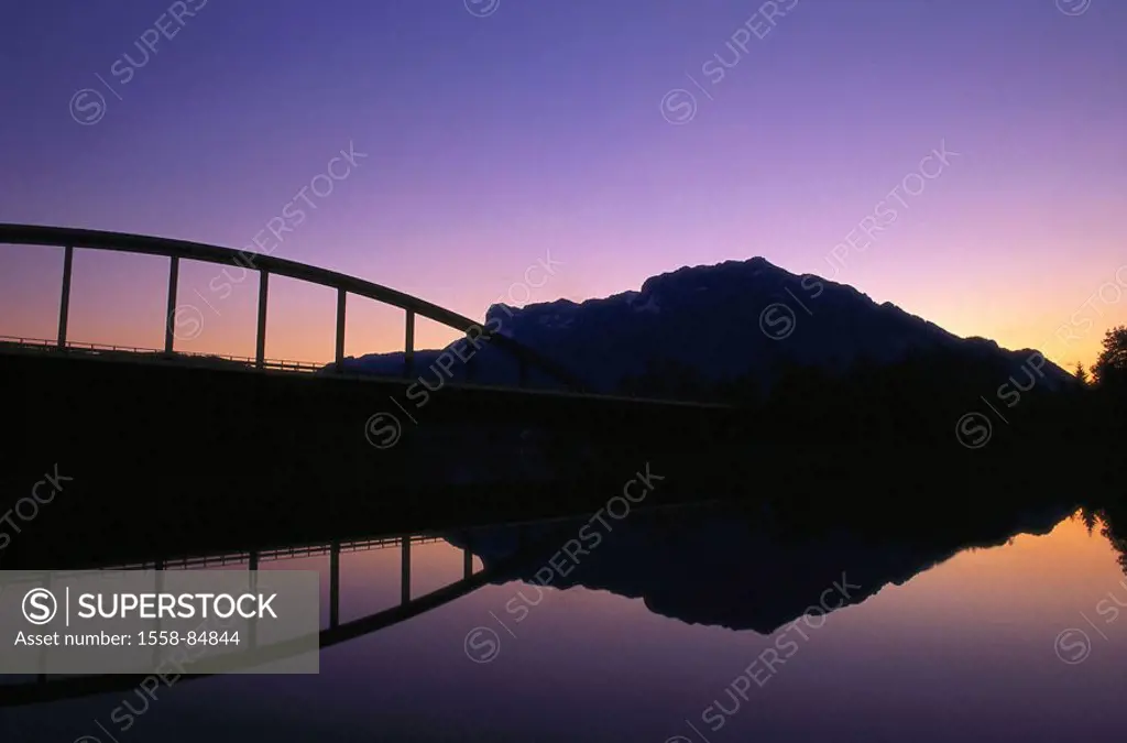 Austria, Salzburger country, Untersberg,  River Salzach, silhouette, dusk,   Mountain, landscape, architecture, bridge architecture, water, reflection...