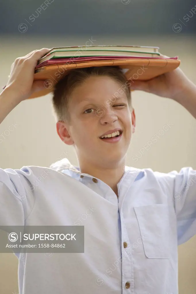 boy, cheerfully, winks, head,  School books, holding, portrait,   Child, 12-15 years, students, teenagers, formation, outside, summer education Progra...