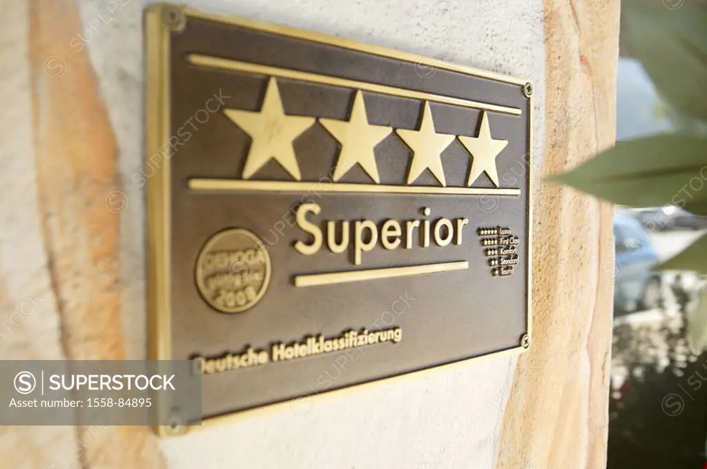 Hotel, entrance, sign, classification,  Hotellerie, gastronomy, tourism, Vier-Sterne-Hotel, wall, house wall, blackboard, four stars, award, German ho...