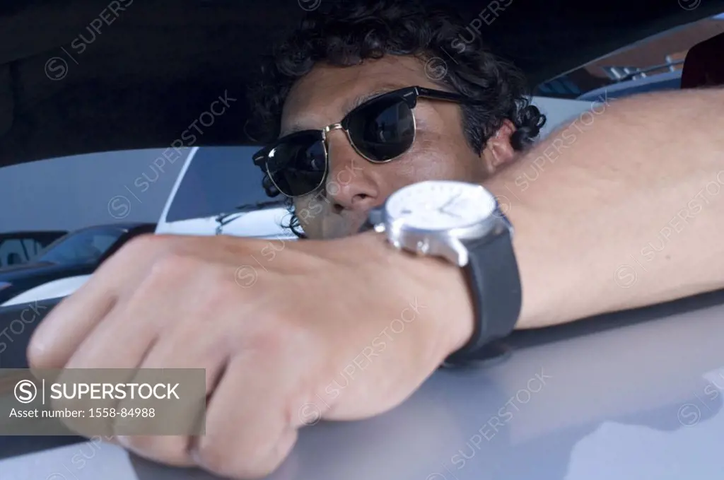 Sport cars, detail, man, nonchalant,  Sun glass,   30-40 years, dark-haired, swarthily, watch, car, cockpit, drivers, expression, strikingly, seriousl...